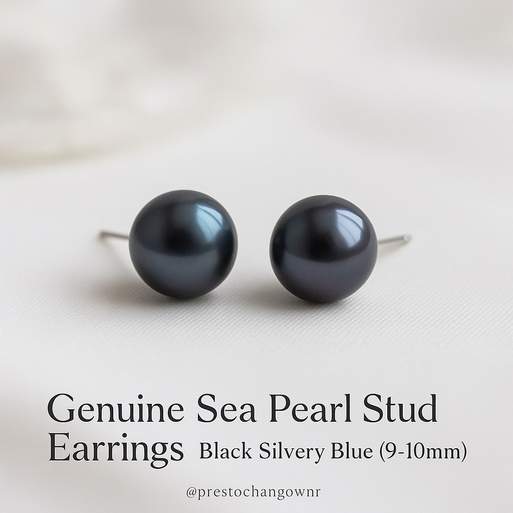 Genuine Sea Pearl Stud Earrings - Black Silvery Blue